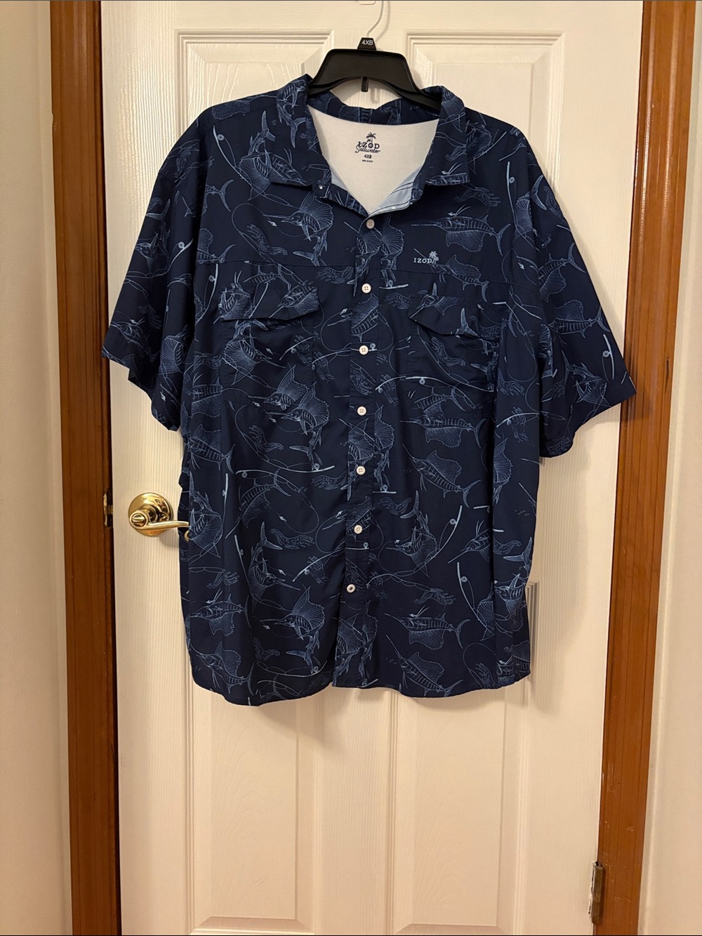 Izod Navy Blue Short-Sleeve Button DownShirt with Marlin Print Size 4XB pockets